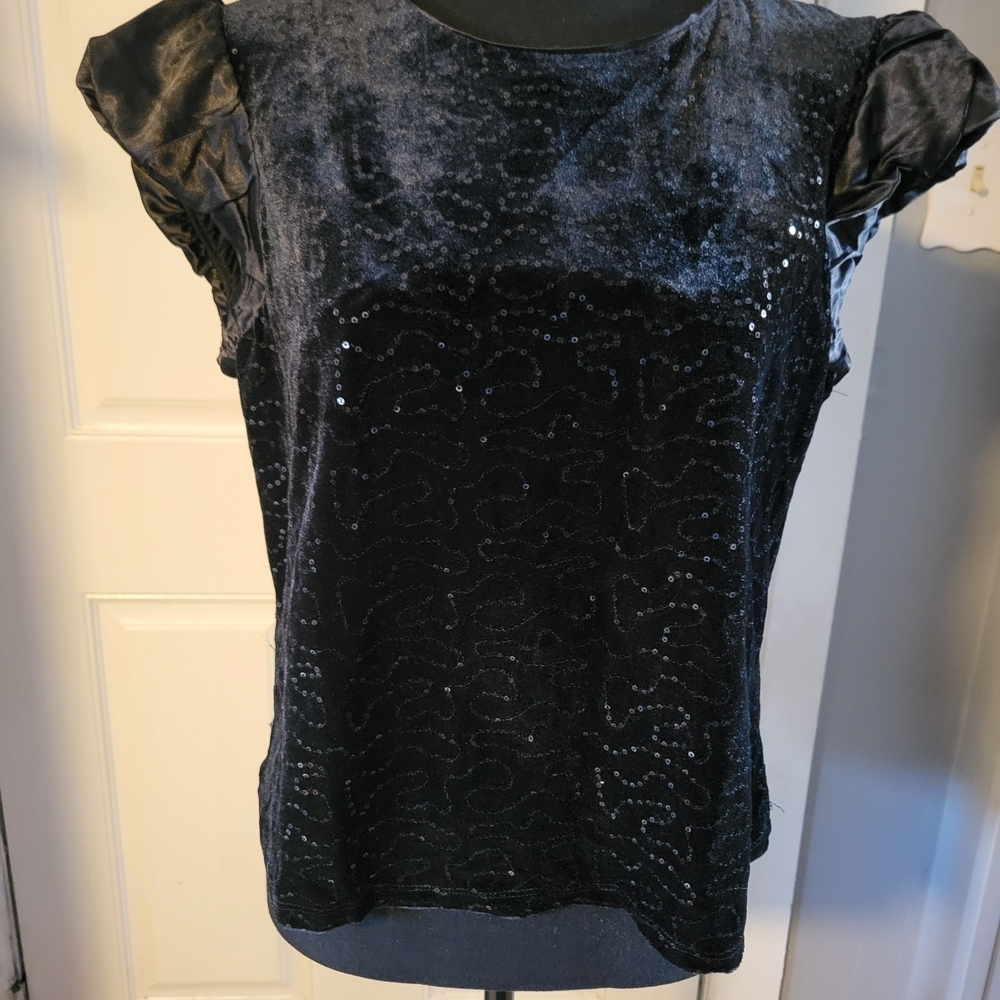 Nanette Lepore Black Velvet Blouse with Ruffled Sleeves